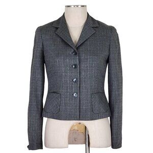 Elie Tahari Blazer Sz 6 Flip Contrast Cuffs Black Lime Plaid Pockets Wool Blend